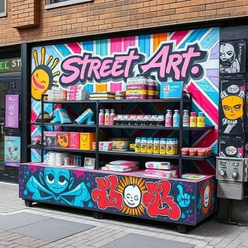A dynamic, high-angle shot looking down onto a freshly painted, expansive street mural on concrete ground, a swirling vortex of neon pink, electric teal, and deep purples.